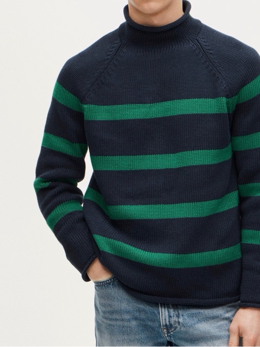 J.CREW 1988 Rollneck Cotton Sweater in Navy Blue & Green Stripe Sz. M $118 FLAW